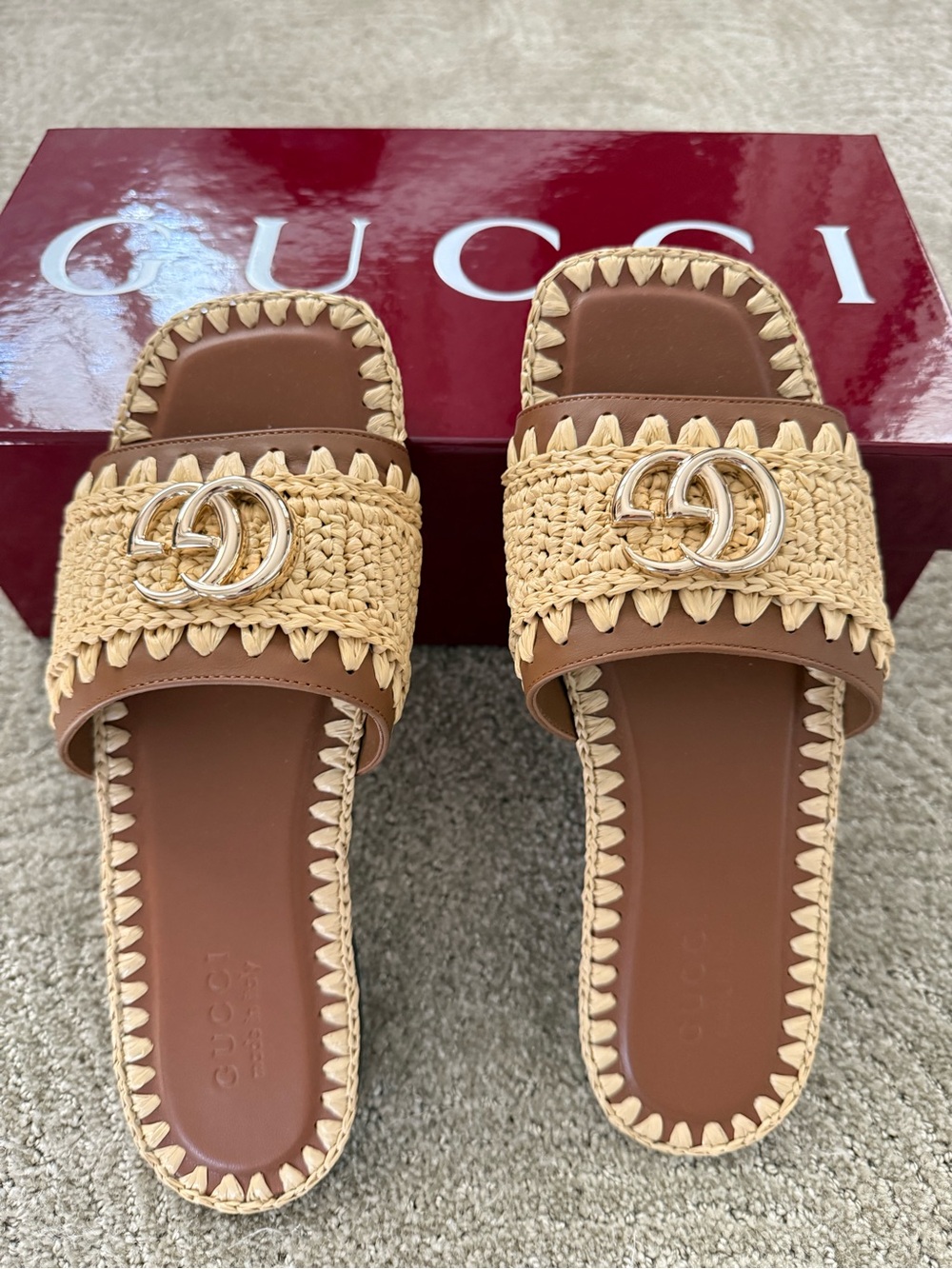 Gucci Tan Raffia & Brown Leather Slide Sandals with Gold Double-G